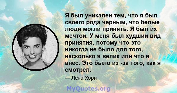 Я был уникален тем, что я был своего рода черным, что белые люди могли принять. Я был их мечтой. У меня был худший вид принятия, потому что это никогда не было для того, насколько я велик или что я внес. Это было из -за 