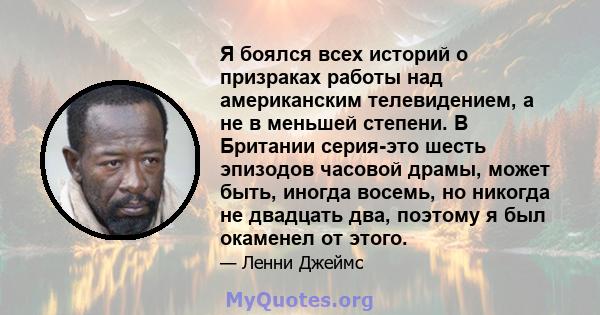 Я боялся всех историй о призраках работы над американским телевидением, а не в меньшей степени. В Британии серия-это шесть эпизодов часовой драмы, может быть, иногда восемь, но никогда не двадцать два, поэтому я был