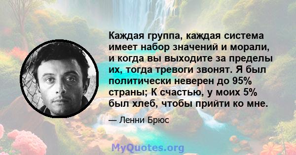 Каждая группа, каждая система имеет набор значений и морали, и когда вы выходите за пределы их, тогда тревоги звонят. Я был политически неверен до 95% страны; К счастью, у моих 5% был хлеб, чтобы прийти ко мне.