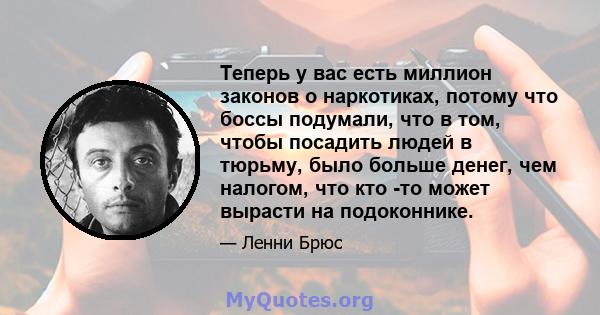 Теперь у вас есть миллион законов о наркотиках, потому что боссы подумали, что в том, чтобы посадить людей в тюрьму, было больше денег, чем налогом, что кто -то может вырасти на подоконнике.