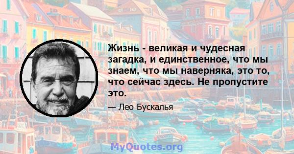 Жизнь - великая и чудесная загадка, и единственное, что мы знаем, что мы наверняка, это то, что сейчас здесь. Не пропустите это.