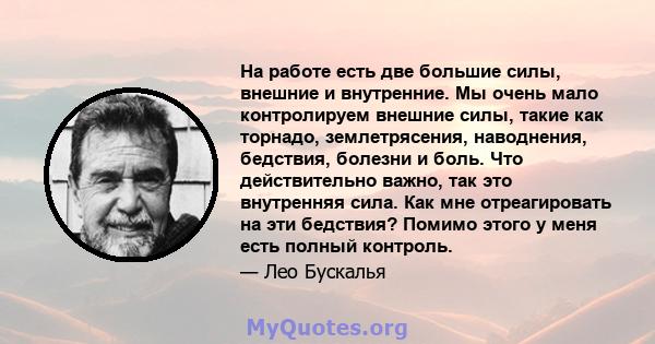 На работе есть две большие силы, внешние и внутренние. Мы очень мало контролируем внешние силы, такие как торнадо, землетрясения, наводнения, бедствия, болезни и боль. Что действительно важно, так это внутренняя сила.