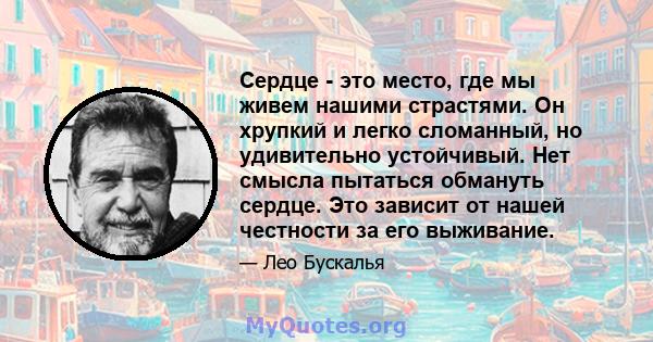 Сердце - это место, где мы живем нашими страстями. Он хрупкий и легко сломанный, но удивительно устойчивый. Нет смысла пытаться обмануть сердце. Это зависит от нашей честности за его выживание.