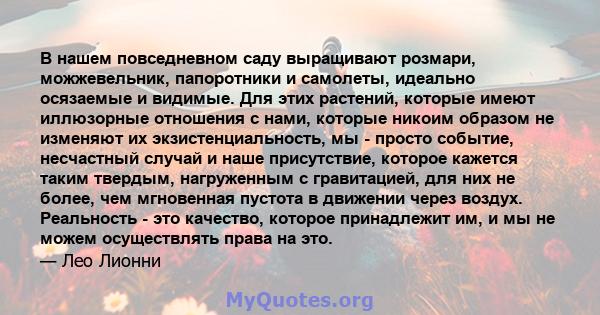 В нашем повседневном саду выращивают розмари, можжевельник, папоротники и самолеты, идеально осязаемые и видимые. Для этих растений, которые имеют иллюзорные отношения с нами, которые никоим образом не изменяют их