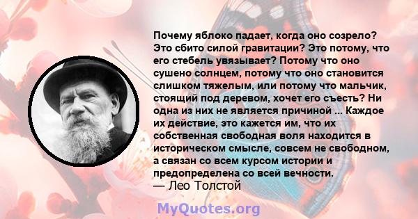 Почему яблоко падает, когда оно созрело? Это сбито силой гравитации? Это потому, что его стебель увязывает? Потому что оно сушено солнцем, потому что оно становится слишком тяжелым, или потому что мальчик, стоящий под