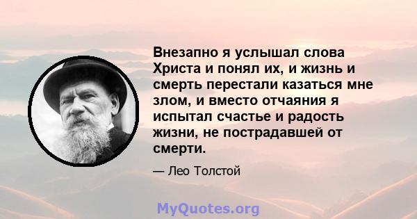 Внезапно я услышал слова Христа и понял их, и жизнь и смерть перестали казаться мне злом, и вместо отчаяния я испытал счастье и радость жизни, не пострадавшей от смерти.