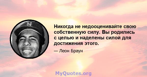 Никогда не недооценивайте свою собственную силу. Вы родились с целью и наделены силой для достижения этого.