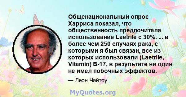 Общенациональный опрос Харриса показал, что общественность предпочитала использование Laetrile с 30%. ... в более чем 250 случаях рака, с которыми я был связан, все из которых использовали (Laetrile, Vitamin) B-17, в