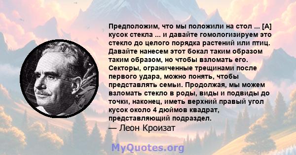 Предположим, что мы положили на стол ... [А] кусок стекла ... и давайте гомологизируем это стекло до целого порядка растений или птиц. Давайте нанесем этот бокал таким образом таким образом, но чтобы взломать его.