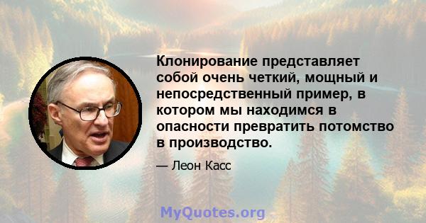 Клонирование представляет собой очень четкий, мощный и непосредственный пример, в котором мы находимся в опасности превратить потомство в производство.