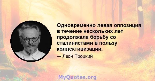 Одновременно левая оппозиция в течение нескольких лет продолжала борьбу со сталинистами в пользу коллективизации.