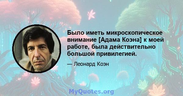 Было иметь микроскопическое внимание [Адама Коэна] к моей работе, была действительно большой привилегией.