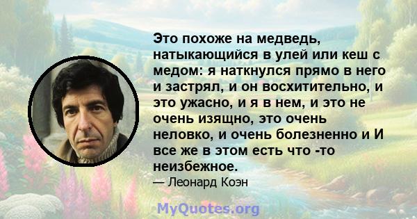 Это похоже на медведь, натыкающийся в улей или кеш с медом: я наткнулся прямо в него и застрял, и он восхитительно, и это ужасно, и я в нем, и это не очень изящно, это очень неловко, и очень болезненно и И все же в этом 