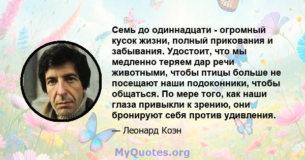 Семь до одиннадцати - огромный кусок жизни, полный прикования и забывания. Удостоит, что мы медленно теряем дар речи животными, чтобы птицы больше не посещают наши подоконники, чтобы общаться. По мере того, как наши