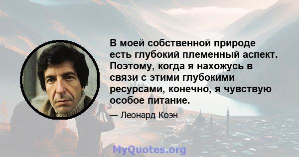 В моей собственной природе есть глубокий племенный аспект. Поэтому, когда я нахожусь в связи с этими глубокими ресурсами, конечно, я чувствую особое питание.