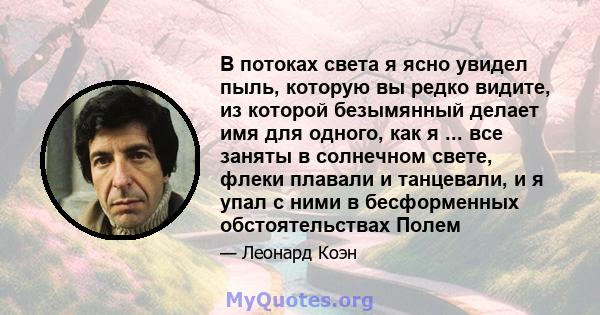 В потоках света я ясно увидел пыль, которую вы редко видите, из которой безымянный делает имя для одного, как я ... все заняты в солнечном свете, флеки плавали и танцевали, и я упал с ними в бесформенных обстоятельствах 