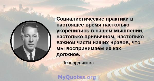 Социалистические практики в настоящее время настолько укоренились в нашем мышлении, настолько привычном, настолько важной части наших нравов, что мы воспринимаем их как должное.