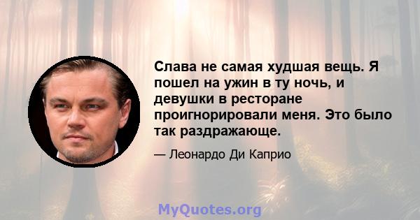 Слава не самая худшая вещь. Я пошел на ужин в ту ночь, и девушки в ресторане проигнорировали меня. Это было так раздражающе.