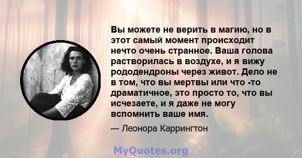 Вы можете не верить в магию, но в этот самый момент происходит нечто очень странное. Ваша голова растворилась в воздухе, и я вижу рододендроны через живот. Дело не в том, что вы мертвы или что -то драматичное, это