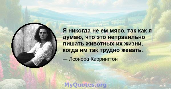 Я никогда не ем мясо, так как я думаю, что это неправильно лишать животных их жизни, когда им так трудно жевать.