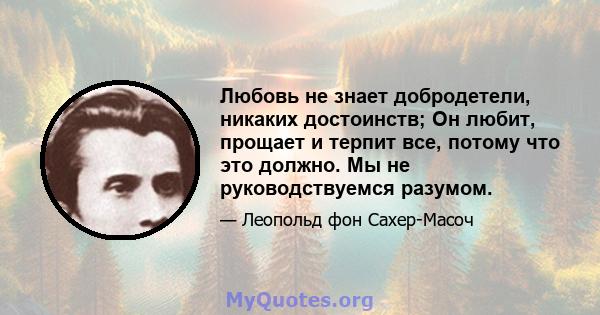 Любовь не знает добродетели, никаких достоинств; Он любит, прощает и терпит все, потому что это должно. Мы не руководствуемся разумом.