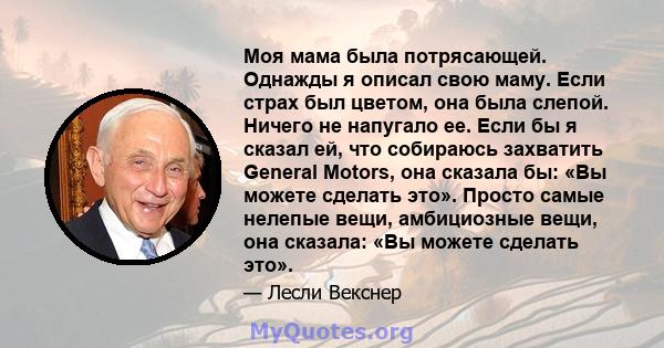 Моя мама была потрясающей. Однажды я описал свою маму. Если страх был цветом, она была слепой. Ничего не напугало ее. Если бы я сказал ей, что собираюсь захватить General Motors, она сказала бы: «Вы можете сделать это». 