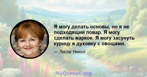 Я могу делать основы, но я не подходящий повар. Я могу сделать жаркое. Я могу засунуть курицу в духовку с овощами.