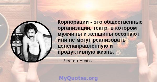 Корпорации - это общественные организации, театр, в котором мужчины и женщины осознают или не могут реализовать целенаправленную и продуктивную жизнь.