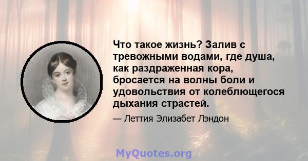 Что такое жизнь? Залив с тревожными водами, где душа, как раздраженная кора, бросается на волны боли и удовольствия от колеблющегося дыхания страстей.