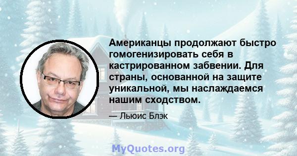 Американцы продолжают быстро гомогенизировать себя в кастрированном забвении. Для страны, основанной на защите уникальной, мы наслаждаемся нашим сходством.