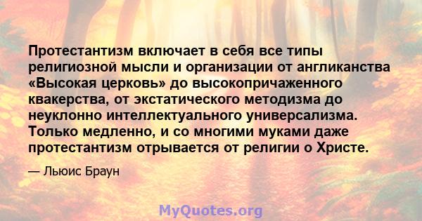 Протестантизм включает в себя все типы религиозной мысли и организации от англиканства «Высокая церковь» до высокопричаженного квакерства, от экстатического методизма до неуклонно интеллектуального универсализма. Только 