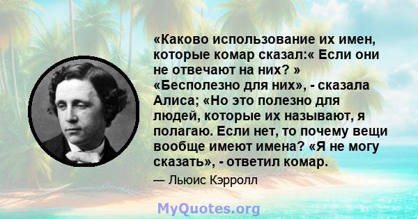 «Каково использование их имен, которые комар сказал:« Если они не отвечают на них? » «Бесполезно для них», - сказала Алиса; «Но это полезно для людей, которые их называют, я полагаю. Если нет, то почему вещи вообще