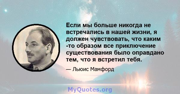 Если мы больше никогда не встречались в нашей жизни, я должен чувствовать, что каким -то образом все приключение существования было оправдано тем, что я встретил тебя.