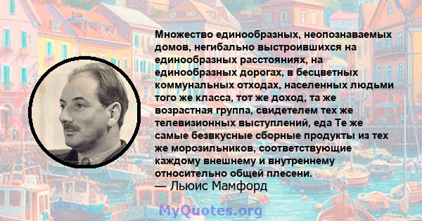 Множество единообразных, неопознаваемых домов, негибально выстроившихся на единообразных расстояниях, на единообразных дорогах, в бесцветных коммунальных отходах, населенных людьми того же класса, тот же доход, та же