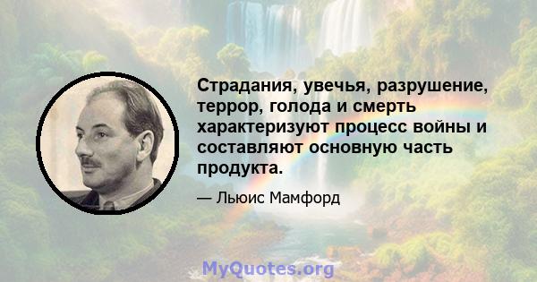 Страдания, увечья, разрушение, террор, голода и смерть характеризуют процесс войны и составляют основную часть продукта.