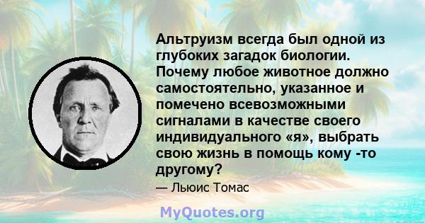 Альтруизм всегда был одной из глубоких загадок биологии. Почему любое животное должно самостоятельно, указанное и помечено всевозможными сигналами в качестве своего индивидуального «я», выбрать свою жизнь в помощь кому