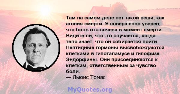 Там на самом деле нет такой вещи, как агония смерти. Я совершенно уверен, что боль отключена в момент смерти. Видите ли, что -то случается, когда тело знает, что он собирается пойти. Пептидные гормоны высвобождаются