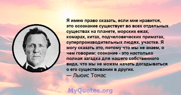 Я имею право сказать, если мне нравится, это осознание существует во всех отдельных существах на планете, морских ежах, комарах, китах, подчеловеческих приматах, суперпроизводительных людях, участке. Я могу сказать это, 