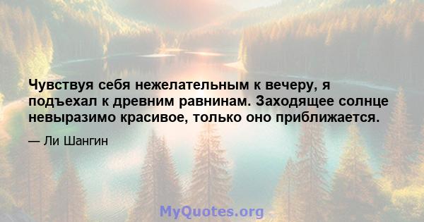 Чувствуя себя нежелательным к вечеру, я подъехал к древним равнинам. Заходящее солнце невыразимо красивое, только оно приближается.