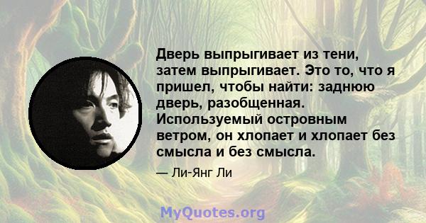 Дверь выпрыгивает из тени, затем выпрыгивает. Это то, что я пришел, чтобы найти: заднюю дверь, разобщенная. Используемый островным ветром, он хлопает и хлопает без смысла и без смысла.