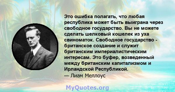 Это ошибка полагать, что любая республика может быть выиграна через свободное государство. Вы не можете сделать шелковый кошелек из уха свиноматок. Свободное государство - британское создание и служит британским