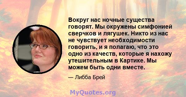 Вокруг нас ночные существа говорят. Мы окружены симфонией сверчков и лягушек. Никто из нас не чувствует необходимости говорить, и я полагаю, что это одно из качеств, которые я нахожу утешительным в Картике. Мы можем