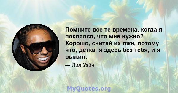 Помните все те времена, когда я поклялся, что мне нужно? Хорошо, считай их лжи, потому что, детка, я здесь без тебя, и я выжил.