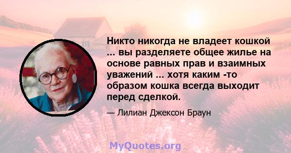 Никто никогда не владеет кошкой ... вы разделяете общее жилье на основе равных прав и взаимных уважений ... хотя каким -то образом кошка всегда выходит перед сделкой.