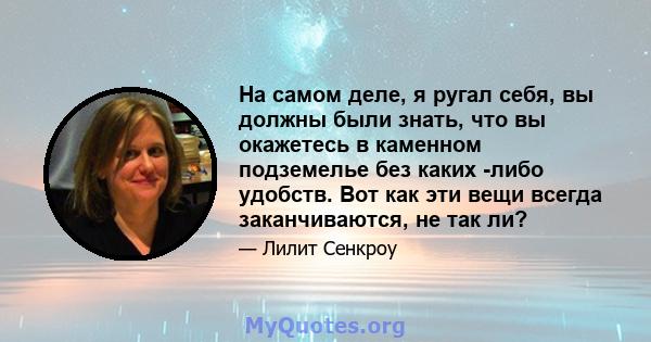 На самом деле, я ругал себя, вы должны были знать, что вы окажетесь в каменном подземелье без каких -либо удобств. Вот как эти вещи всегда заканчиваются, не так ли?