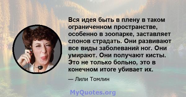 Вся идея быть в плену в таком ограниченном пространстве, особенно в зоопарке, заставляет слонов страдать. Они развивают все виды заболеваний ног. Они умирают. Они получают кисты. Это не только больно, это в конечном