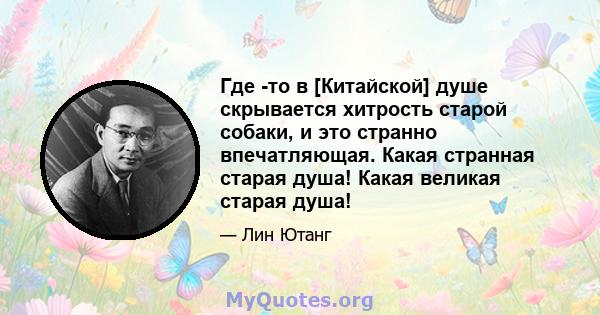 Где -то в [Китайской] душе скрывается хитрость старой собаки, и это странно впечатляющая. Какая странная старая душа! Какая великая старая душа!