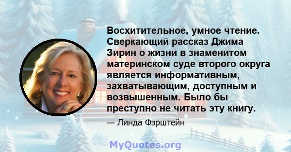 Восхитительное, умное чтение. Сверкающий рассказ Джима Зирин о жизни в знаменитом материнском суде второго округа является информативным, захватывающим, доступным и возвышенным. Было бы преступно не читать эту книгу.