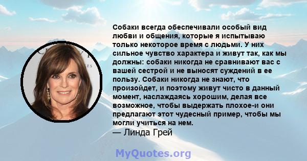 Собаки всегда обеспечивали особый вид любви и общения, которые я испытываю только некоторое время с людьми. У них сильное чувство характера и живут так, как мы должны: собаки никогда не сравнивают вас с вашей сестрой и