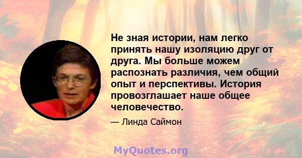 Не зная истории, нам легко принять нашу изоляцию друг от друга. Мы больше можем распознать различия, чем общий опыт и перспективы. История провозглашает наше общее человечество.